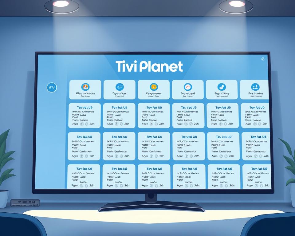 A sleek and modern IPTV service interface, prominently displaying the "Tivi Planet" brand name. The interface showcases a grid of various IPTV tariff options, each with clear pricing, channel selections, and features. The layout is clean and intuitive, with a minimalist color palette of blues and grays, creating a sense of professionalism and trustworthiness. The scene is illuminated by soft, natural lighting, casting a warm glow over the display. The camera angle is slightly elevated, giving a bird's-eye view of the interface, emphasizing the user-friendly and comprehensive nature of the IPTV service.