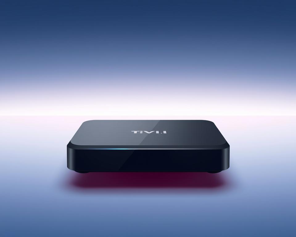 A sleek and modern IPTV set-top box from Tivi Planet, floating effortlessly in a minimalist, futuristic environment. The device's clean, geometric design is accentuated by soft, ambient lighting that casts subtle shadows, creating a sense of depth and solidity. The background is a serene, gradient-based landscape, hinting at the seamless, high-quality streaming experience to come. The overall atmosphere conveys a vision of the future of IPTV - elegant, efficient, and immersive.