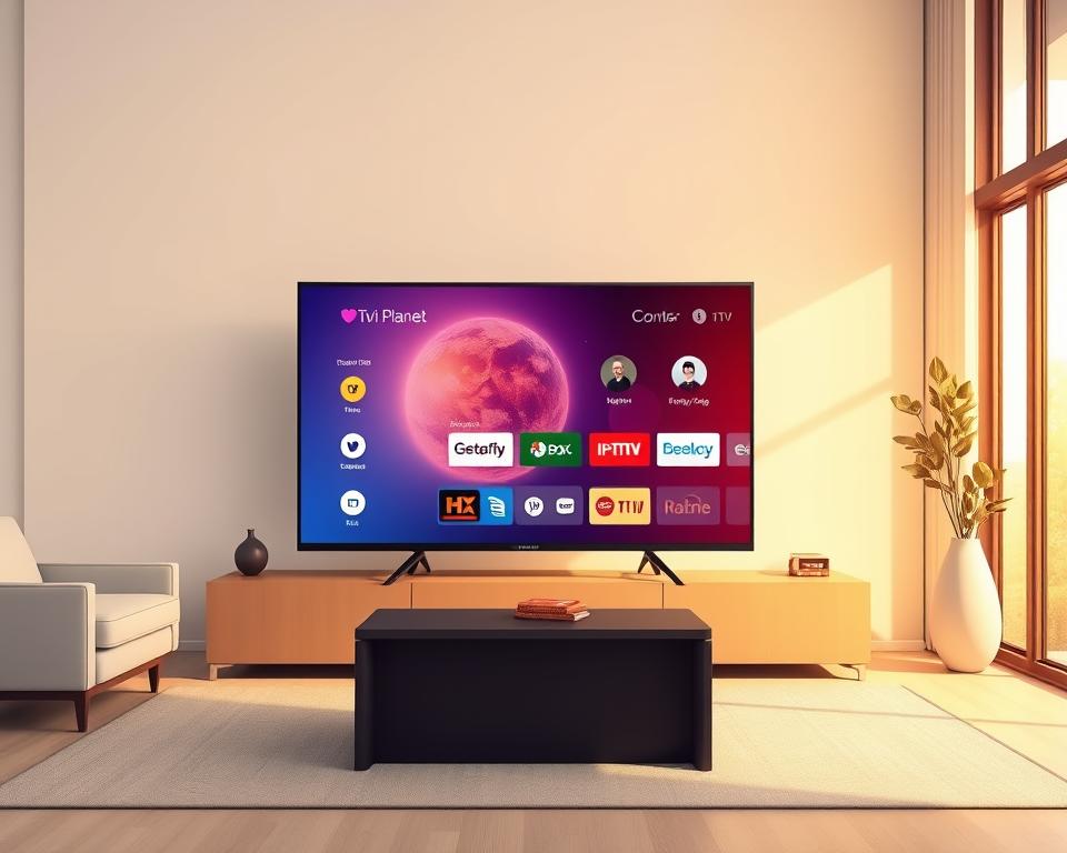 A sleek and modern Tivi Planet smart TV sits prominently in the center of the frame, its elegant design and vibrant display capturing the viewer's attention. The TV is positioned in a minimalist living room setting, surrounded by neutral-toned furniture and warm, natural lighting filtering in through large windows. The TV's interface showcases the IPTV service, with crisp, high-quality visuals and a user-friendly layout that invites exploration. The scene conveys a sense of comfort, technology, and the seamless integration of IPTV into the home environment.