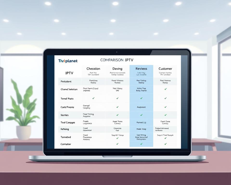A sleek and modern comparison chart showcasing various IPTV providers, displayed on a laptop screen with the "Tivi Planet" brand prominently featured. The chart should highlight key criteria such as channel selection, pricing, device compatibility, and customer reviews, allowing the viewer to easily evaluate and select the perfect IPTV service for their needs. The scene should be captured in a well-lit, minimalist office setting, with a clean and professional aesthetic that complements the informative nature of the content.