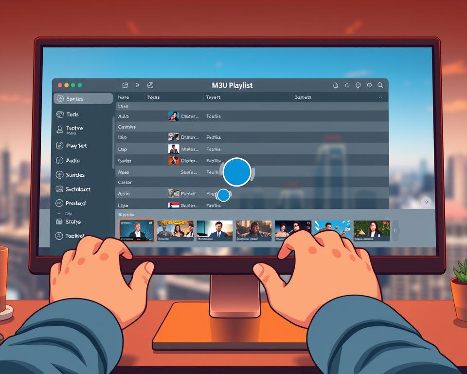 A sleek and modern computer display showcases the process of creating an M3U playlist. In the foreground, a user's hands navigate a minimalist media player interface, meticulously selecting and organizing various video and audio sources. The middle ground features a neatly arranged desktop, with the "Tivi Planet" logo prominently displayed, hinting at the professional-grade tools available. The background depicts a softly blurred cityscape, conveying a sense of productivity and technological advancement. Warm lighting casts a subtle glow, creating an atmosphere of focus and creativity. The overall scene evokes the seamless integration of media management within a well-designed, user-friendly digital environment.
