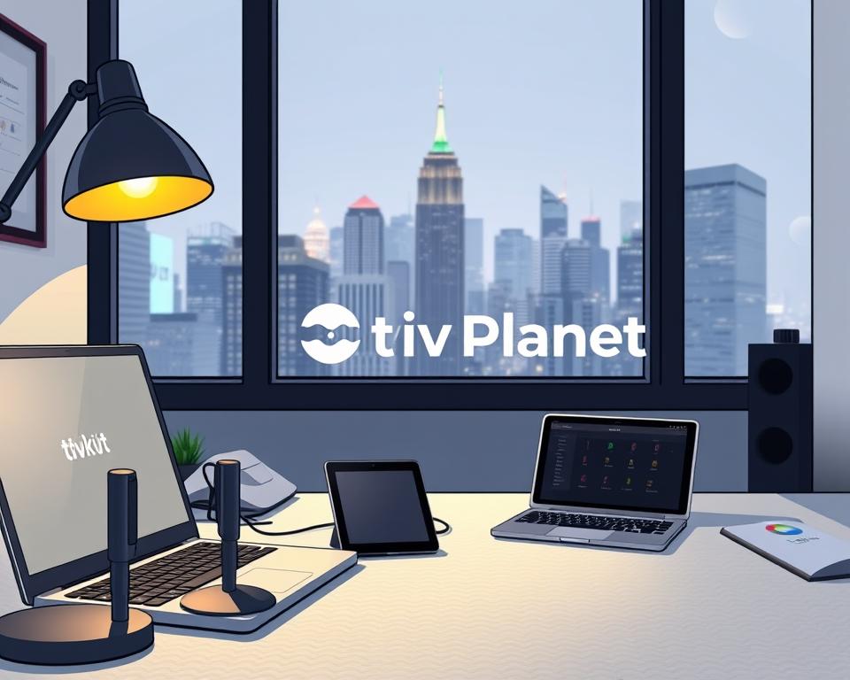 A sleek and modern desktop scene featuring the "Tivi Planet" brand. In the foreground, a stylish desk lamp casts a warm glow over a laptop, tablet, and a set of high-quality microphones, signifying a professional IPTV workspace. The middle ground showcases a minimalist desktop with a subtle pattern, surrounded by modern office accessories. In the background, a large window overlooks a bustling city skyline, creating a sense of connectivity and accessibility. The lighting is soft and directional, lending an air of sophistication and attention to detail. This image conveys the expertise and approachability of IPTV Kontakt, the go-to resource for IPTV enthusiasts.