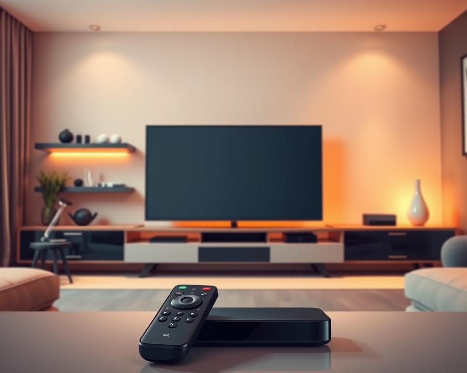 A sleek and modern home entertainment setup, featuring the latest IPTV technology from the brand "Tivi Planet". A 4K smart TV takes center stage, surrounded by a minimal and elegant entertainment center. The lighting is soft and ambient, creating a cozy and inviting atmosphere. In the foreground, a remote control and a streaming device hint at the seamless integration of IPTV services. The middle ground showcases a clean and uncluttered design, while the background features a warm, muted color palette that complements the overall aesthetic. The image conveys a sense of premium quality and cutting-edge technology, perfectly suited to illustrate the "Häufige Fragen zu IPTV Anbietern" section of the article.