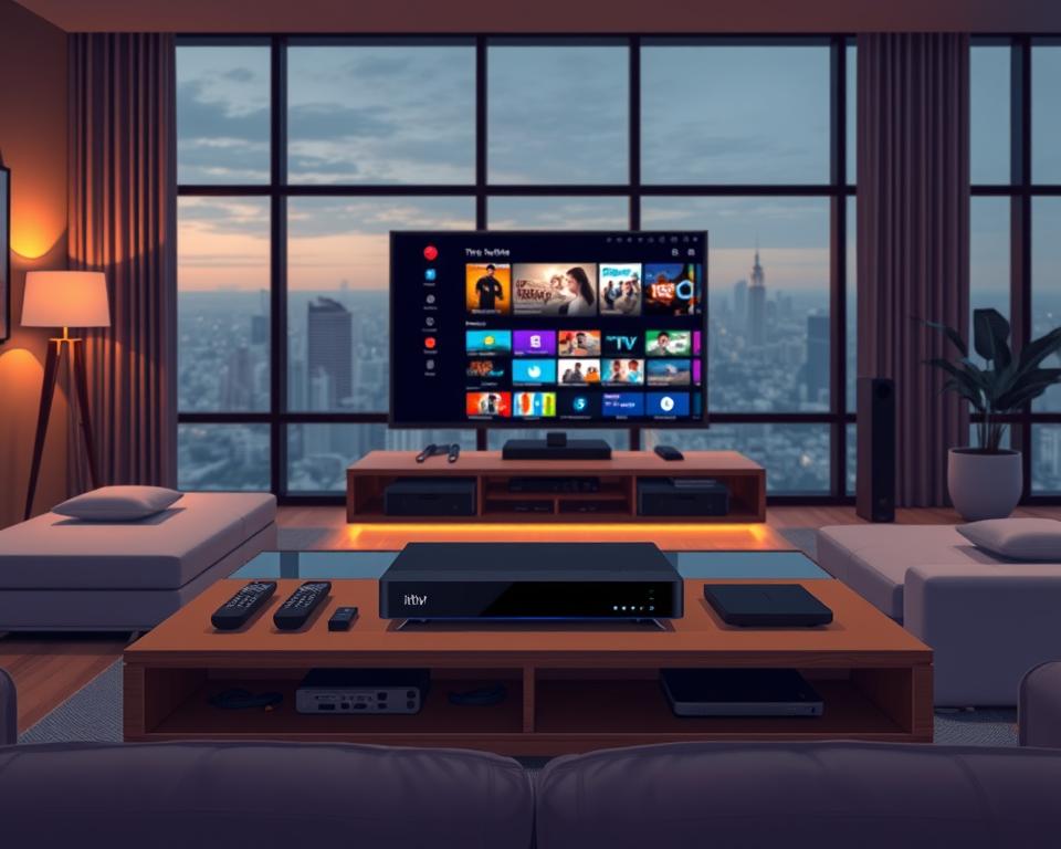 A sleek and modern living room setting, dimly lit with warm ambient lighting. In the foreground, a Tivi Planet IPTV streaming device sits atop a minimalist wooden entertainment center, its clean lines and subtle LED indicators drawing the eye. Surrounding it, an array of remote controls, cables, and other streaming accessories neatly organized. In the middle ground, a large, high-definition television screen displays a vivid, immersive IPTV interface, showcasing a diverse selection of content. The background features a panoramic view of a cityscape through large, floor-to-ceiling windows, adding depth and a sense of modern, urban sophistication to the scene.