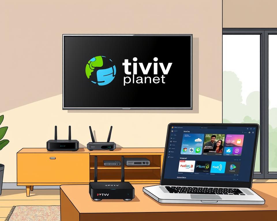 A sleek and modern living room setting, featuring a flat-screen TV mounted on the wall. On the TV screen, the Tivi Planet logo is prominently displayed, indicating a high-quality IPTV service. In the foreground, an array of IPTV devices, such as a streaming box, a smart TV, and a wireless router, are neatly arranged on a minimalist, wooden entertainment unit. The middle ground showcases a laptop open to an IPTV software interface, highlighting the versatility of IPTV solutions. The background depicts a large window, allowing natural light to flood the space and creating a warm, inviting atmosphere. The overall scene conveys a sense of modern, high-tech living with a focus on seamless IPTV integration.