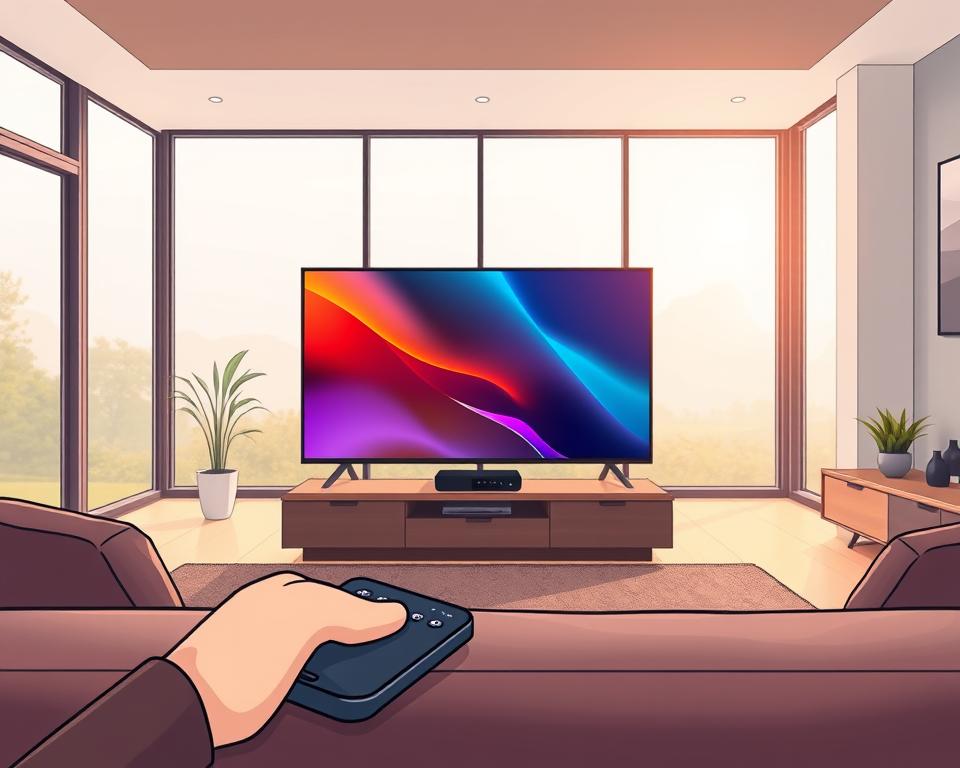 A sleek and modern living room setting, showcasing the cutting-edge features of Tivi Planet's IPTV service. In the foreground, a state-of-the-art smart TV displays a vibrant, high-definition image, with a minimalist remote control within reach. The middle ground features a stylish entertainment center, housing the IPTV set-top box and neatly organized cables. The background reveals floor-to-ceiling windows, allowing natural light to flood the space and creating a warm, inviting atmosphere. The scene exudes a sense of technological sophistication and seamless integration, perfectly capturing the "IPTV der besten Qualität" experience.