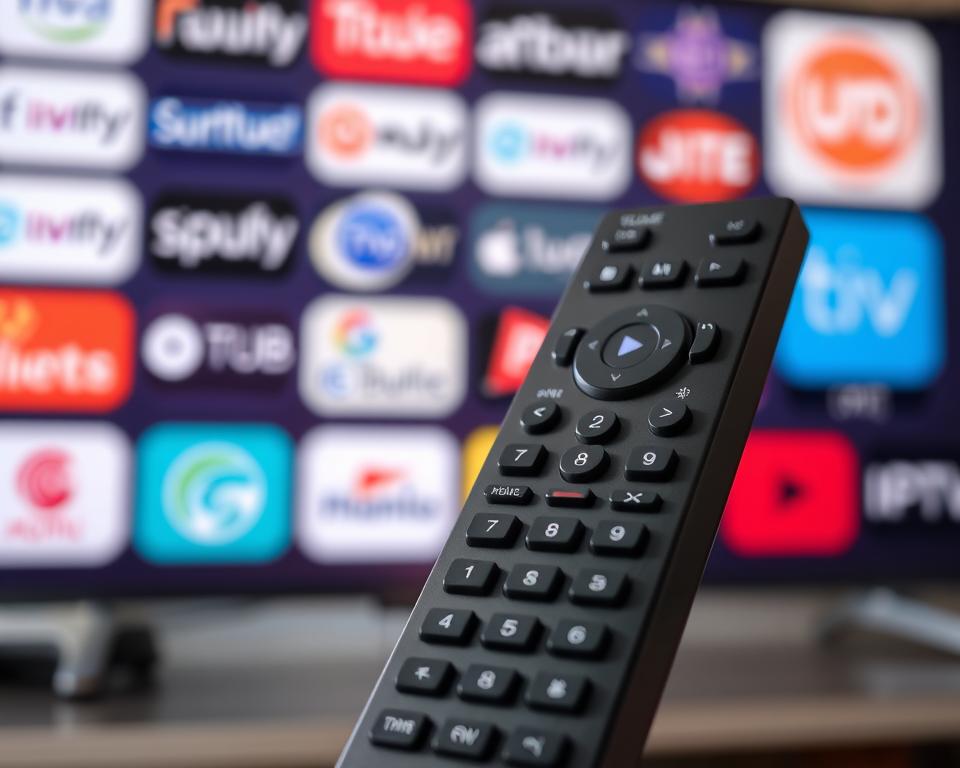 A sleek and modern-looking TV remote control prominently displayed, representing the IPTV viewing experience. The remote has a clean, minimalist design with buttons for channel selection, volume control, and other key functions. The background features a blurred array of various IPTV service logos, including the brand "Tivi Planet", suggesting the wide range of content and providers available. The lighting is soft and diffused, creating a warm and inviting atmosphere, reflecting the idea of "Inhalte und Programmauswahl" (Content and Programming Selection). The camera angle is slightly elevated, giving the impression of a high-quality, professional product shot.
