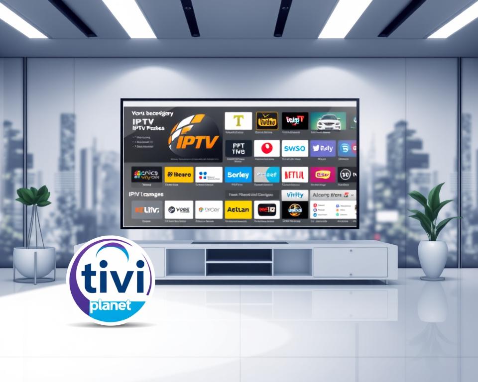 A sleek and modern office space, with a large, high-resolution display showcasing various IPTV service providers. The display is surrounded by a minimalist, white-and-grey color scheme, creating a clean and professional atmosphere. In the foreground, a stylized logo for "Tivi Planet" is prominently featured, hinting at the article's subject matter. The middle ground showcases a variety of IPTV packages and service options, each with clear, concise information. The background features a blurred cityscape, suggesting the urban, technological setting of the IPTV industry. Soft, directional lighting casts a warm, inviting glow over the scene, emphasizing the sleek, modern aesthetic. The overall composition conveys a sense of authority, expertise, and the ability to help users find the perfect IPTV solution for their needs.