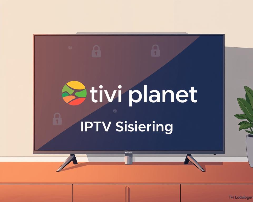 A sleek and modern smart TV screen displaying the Tivi Planet logo, with a prominent focus on the "IPTV Sicherheit" text. The scene is bathed in a warm, inviting glow, conveying a sense of security and trust. In the background, subtle visual cues allude to the concept of data protection and digital privacy, such as lock icons or encrypted data streams. The overall composition is clean, minimalist, and evokes a professional, trustworthy atmosphere befitting the subject matter.