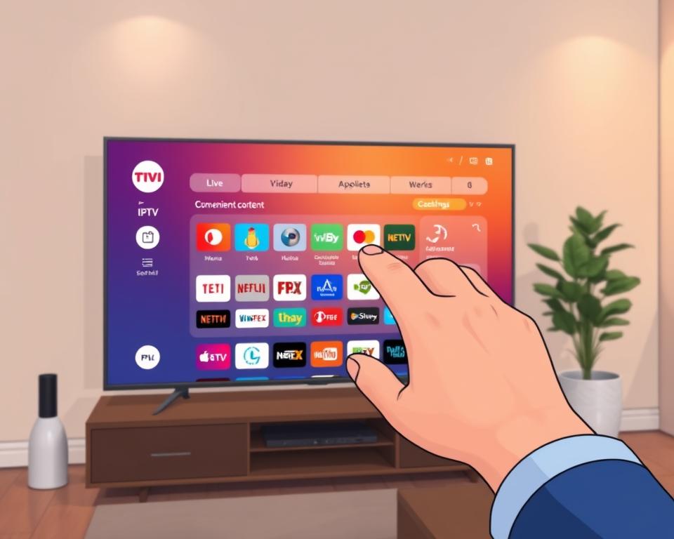 A sleek and modern smart TV screen displays the Tivi Planet IPTV app interface. The app's intuitive menu showcases a wide selection of live TV channels, on-demand content, and convenient settings. The screen is bathed in a warm, soft lighting, creating a cozy and inviting atmosphere. In the foreground, a hand skillfully navigates the app's options, seamlessly guiding the user through the installation process. The middle ground features the smart TV itself, blending harmoniously with the contemporary living room decor. The background showcases a minimalist, yet stylish environment, hinting at the versatility of IPTV integration within a modern home setting.