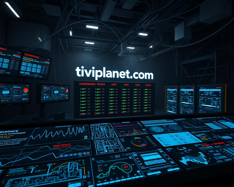 A sleek, high-tech control panel displaying the tiviplanet.com brand name, surrounded by a network of interconnected circuits and monitoring screens. The foreground showcases a series of intricate digital graphs, visualizing data streams and security protocols. In the middle ground, a complex array of servers and networking hardware, their flashing lights and cooling fans hinting at the scale of the technical infrastructure. The background is shrouded in a moody, industrial atmosphere, with looming shadows and the faint glow of LED indicators, conveying a sense of power and authority over the digital realm.