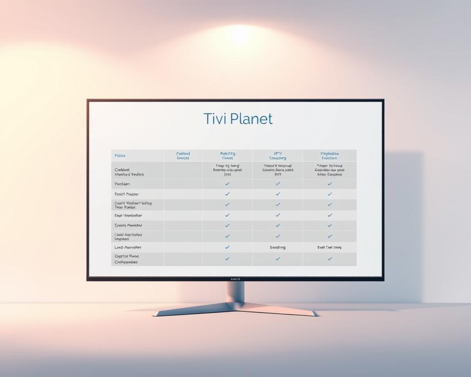 A sleek, minimalist comparison chart displayed on a modern, high-resolution screen. The chart showcases various IPTV service providers, their pricing, and key features in a clean, organized layout. The screen is set against a softly blurred, ethereal background, creating a sense of focus and clarity. Subtle lighting from above casts a warm, inviting glow across the display, highlighting the Tivi Planet brand name at the top. The overall composition conveys a sense of professionalism, attention to detail, and a user-friendly interface - perfectly suited to illustrate the "Preisvergleiche und Abonnements" section of the IPTV setup guide.