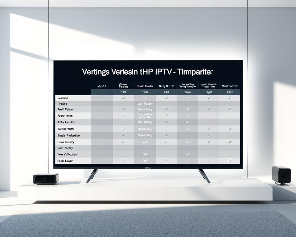 A sleek, minimalist comparison chart showcasing the features of various IPTV services, rendered in a clean, modern style. The chart is displayed on a large, high-resolution display, backlit with soft, diffused lighting that creates a sense of depth and elegance. The Tivi Planet brand is subtly integrated into the design, lending an air of authority and professionalism to the image. The overall composition strikes a balance between informative and visually appealing, creating a compelling visual representation of the "Vergleich der IPTV-Dienste" section.
