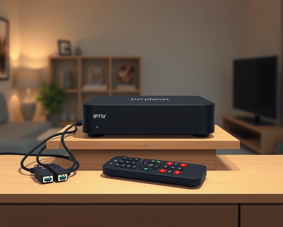 A sleek, modern IPTV box designed by Tivi Planet sits atop a minimalist wooden shelf, illuminated by soft, diffused lighting from above. The box's clean lines and matte black finish convey a sense of premium quality. Beside it, various cables and connectors are neatly organized, ready to connect the device to a television and home network. The middle ground features a remote control, highlighting the intuitive controls for navigating the IPTV interface. In the background, a subtle blur of a living room setting, with hints of neutral-toned decor, creates a cozy, home-like atmosphere, emphasizing the box's seamless integration into a modern, tech-savvy living space.