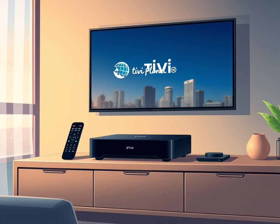 A sleek, modern IPTV box sits atop a minimalist, wood-grain entertainment center, its crisp display showcasing the Tivi Planet logo. Soft, ambient lighting casts a warm glow, while a window in the background reveals a cityscape at dusk. Streamlined remote controls and smart home devices subtly accent the scene, hinting at the box's versatile streaming capabilities. The composition is balanced, with a focus on the device's elegant design and seamless integration into a stylish living space.