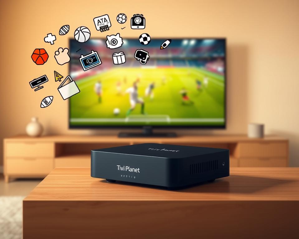 A sleek, modern IPTV box sits prominently on a minimalist, wood-grain media console. The box's Tivi Planet branding is subtly displayed on the front panel. In the foreground, a collection of sports-themed icons and graphics hover above the device, hinting at its capabilities for streaming live sports events. The middle ground features a large, high-definition TV screen displaying a thrilling soccer match, with players dynamically moving across the field. The background is softly blurred, creating a sense of depth and focus on the central media setup. Warm, directional lighting casts an inviting glow, conveying the comfort and enjoyment of watching sports from the convenience of one's own home.