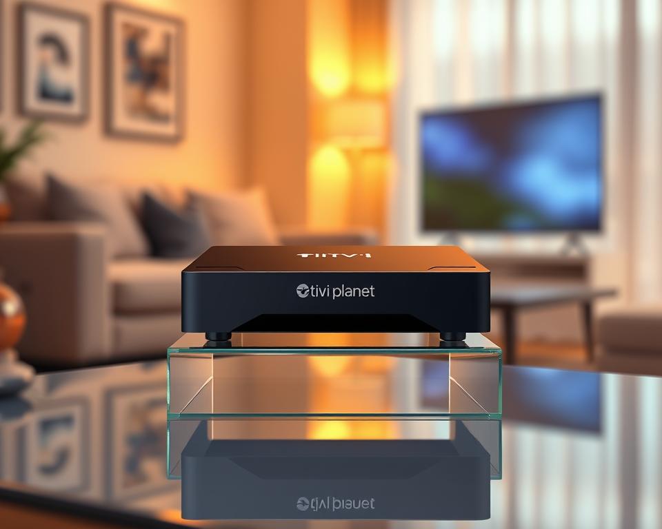 A sleek, modern IPTV box with the Tivi Planet brand prominently displayed on the front panel. The device sits atop a minimalist glass or metal stand, casting soft reflections on the surface below. The lighting is warm and inviting, creating a cozy atmosphere suitable for a living room or home entertainment setup. The box features a clean, angular design with subtle accent details, hinting at its advanced capabilities. In the background, a blurred view of a comfortable, well-appointed living space suggests the box's integration into a smart home environment. The overall composition conveys a sense of sophistication and technological prowess, befitting a premium IPTV solution for a smart TV.