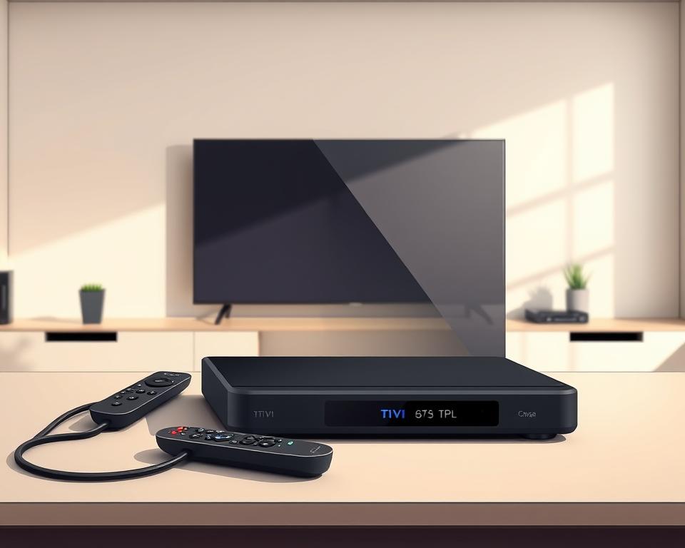 A sleek, modern IPTV device by Tivi Planet sits prominently on a clean, minimalist desk. The device's smooth, rectangular shape and matte black finish exude a high-tech, premium aesthetic. In the middle ground, a tasteful arrangement of remote controls, cables, and other accessories complements the main subject. The background is a softly lit, neutral-toned office or living space, creating a sense of sophistication and functionality. Subtle highlights and shadows enhance the three-dimensional form of the Tivi Planet IPTV device, showcasing its premium build quality and attention to detail.