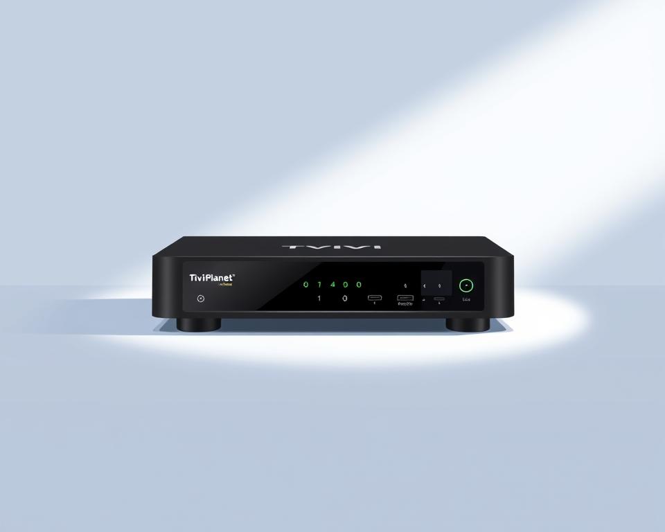 A sleek, modern IPTV receiver displayed in a minimalist, well-lit studio setting. The device is showcased against a clean, neutral background, with a subtle spotlight highlighting its refined design and premium build quality. The composition emphasizes the receiver's technical features, such as its connectivity ports, intuitive user interface, and advanced streaming capabilities. The overall mood is one of sophisticated simplicity, inviting the viewer to imagine the seamless TV entertainment experience provided by the "Tivi Planet" IPTV receiver.