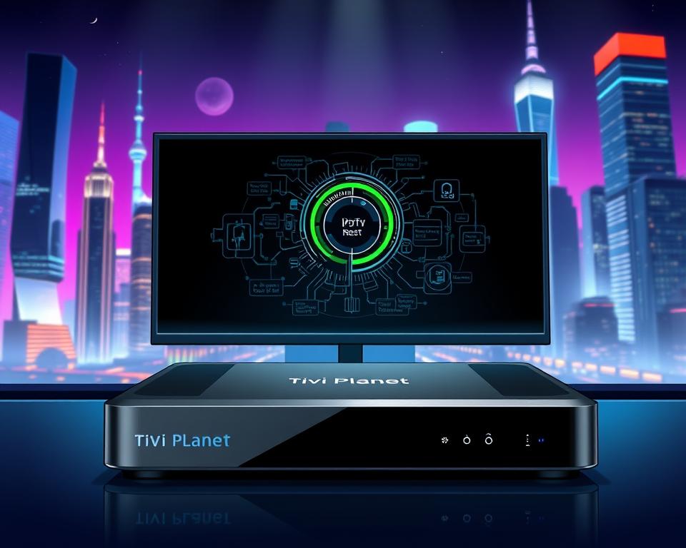 A sleek, modern IPTV receiver with the Tivi Planet brand prominently displayed. The device is positioned in the foreground, highlighting its clean lines and premium aesthetic. The middle ground features a technical schematic or diagram, showcasing the inner workings and optimization features of the receiver. The background depicts a vibrant, futuristic cityscape, with skyscrapers and glowing lights, conveying a sense of advanced technology and entertainment. The lighting is crisp and directional, casting dramatic shadows and highlights on the receiver, emphasizing its sophistication. The overall mood is one of efficiency, performance, and the cutting edge of home entertainment technology.
