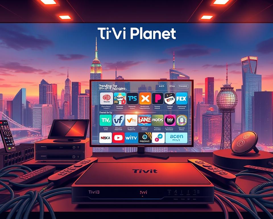 A sleek, modern IPTV service hub against a vibrant cityscape backdrop, showcasing the Tivi Planet brand. In the foreground, an array of streaming devices, remote controls, and network cables create a tactile, tech-savvy composition. The middle ground features a holographic display of trending IPTV packages and services, with data visualizations and icons hinting at the wealth of content available. In the background, a bustling metropolitan skyline with towering skyscrapers, reflecting the global reach and scale of the IPTV industry. Warm, saturated lighting and a sense of dynamism convey the excitement and potential of the IPTV landscape.