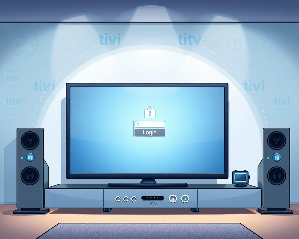 A sleek, modern IPTV setup with Tivi Planet branding, showcasing robust security measures. A central display showcases a secure login screen, surrounded by discreet security icons and indicators. The lighting is soft and diffused, creating a professional, trustworthy atmosphere. The background features a subtle pattern suggestive of encrypted data flows, underscoring the importance of IPTV security. The overall composition conveys a sense of reliability, privacy, and state-of-the-art protection for the user's streaming experience.