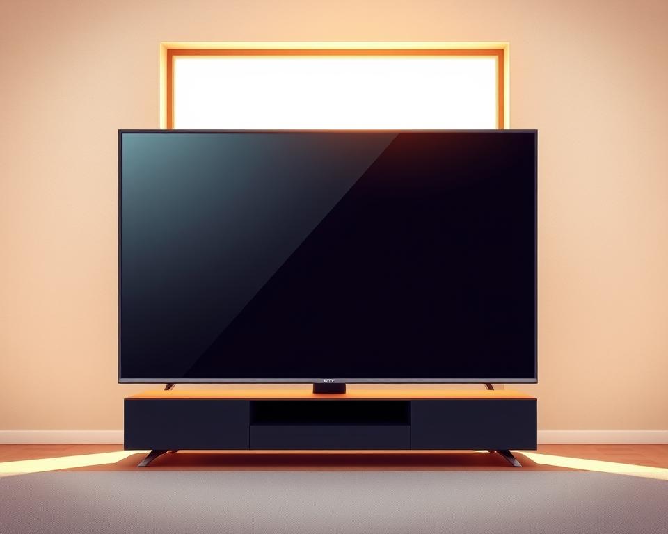 A sleek, modern Tivi Planet IPTV Smart TV stands prominently in a minimalist living room. Bathed in warm, natural lighting from a large window, its glossy, ebony-colored screen reflects the room's serene atmosphere. The TV's slim, aluminum frame is complemented by a matching, low-profile media console beneath it. In the background, a neutral-toned, textured wall provides a clean, uncluttered backdrop, allowing the IPTV device to be the focal point. The scene conveys a sense of high-tech sophistication and seamless home entertainment, perfectly capturing the essence of "IPTV and Smart TVs".