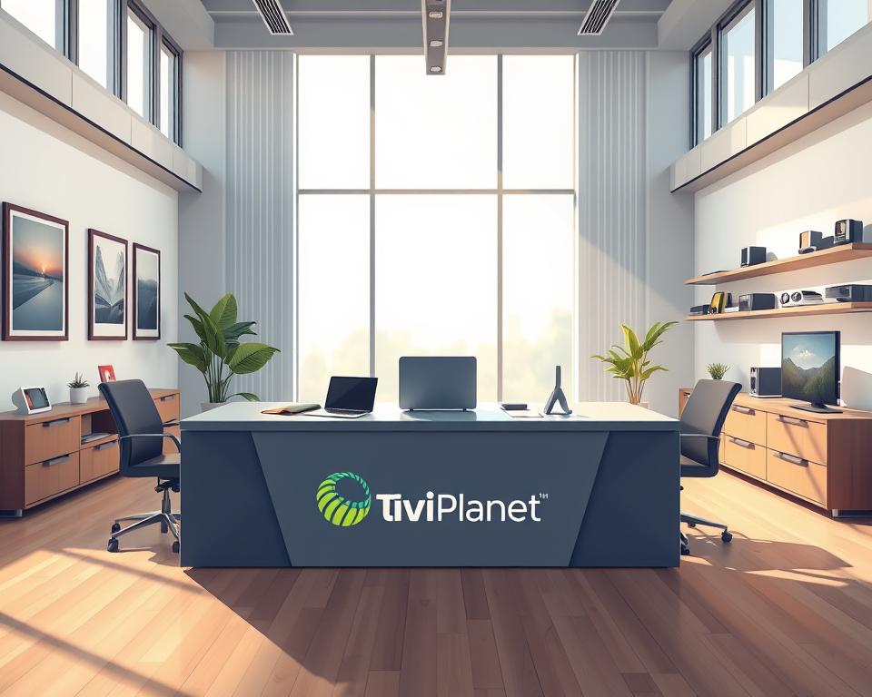 A sleek, modern business office with a large central desk featuring the Tivi Planet logo prominently displayed. The room is filled with natural light streaming in through tall windows, creating a warm and inviting atmosphere. On the desk, a laptop and various office supplies are neatly arranged, hinting at the efficient workflow of the Tivi Planet team. The walls are adorned with minimalist artwork and shelves showcasing various IPTV-related products and services. The overall impression is one of professionalism, innovation, and a commitment to providing customers with the ultimate IPTV experience.