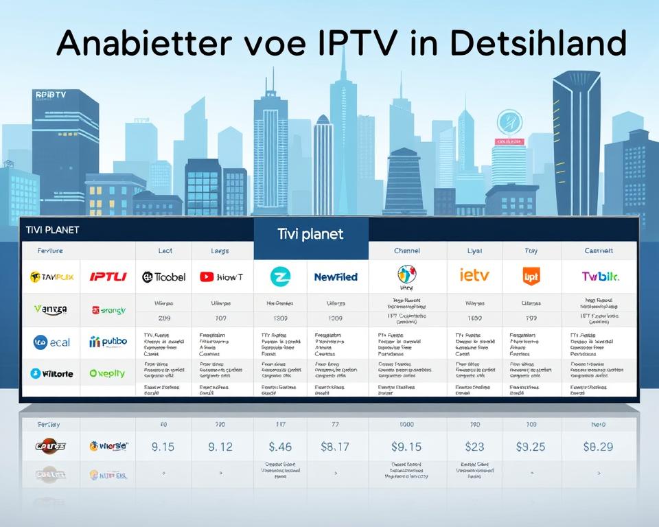 A sleek, modern comparison of IPTV providers in Germany, showcasing the Tivi Planet brand prominently. The foreground features a clean, minimalist design with a grid-like layout of various IPTV service icons and logos. The middle ground includes detailed information about pricing, channel selection, and key features for each provider. The background depicts a stylized cityscape, representing the urban digital landscape in which these IPTV services operate. The overall mood is professional, informative, and visually appealing, reflecting the subject matter and the section title "Anbieter von IPTV in Deutschland". The image should be captured with a wide-angle lens, using soft, diffused lighting to create a modern, slightly futuristic atmosphere.