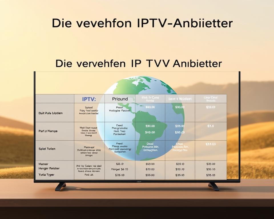 A sleek, modern comparison of IPTV providers, showcasing the Tivi Planet brand prominently. In the foreground, a clean, minimalist grid layout displays the key features and pricing of various IPTV services. The middle ground features a dynamic, 3D-rendered globe, symbolizing the global reach and accessibility of IPTV. The background is a soft, gradient-based landscape with muted tones, creating a sense of professionalism and authority. The lighting is warm and natural, with a shallow depth of field that draws the viewer's attention to the central IPTV comparison. The overall composition is balanced and visually appealing, reflecting the informative and authoritative nature of the "Die verschiedenen IPTV-Anbieter" section.
