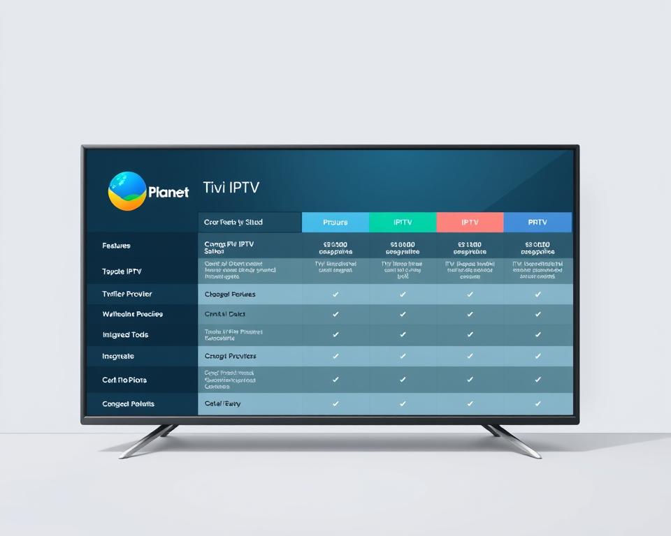 A sleek, modern comparison table showcasing various IPTV providers, set against a minimalist backdrop. In the foreground, a crisp display depicts the key features and pricing of the "Tivi Planet" IPTV service, highlighted with clean typography and intuitive icons. The middle ground features additional IPTV provider options, each presented with a concise, balanced layout to facilitate easy comparison. The background maintains a subtle, muted tone, allowing the information to take center stage and guide the viewer's focus. Soft, diffused lighting casts a professional, authoritative atmosphere, while the overall composition conveys a sense of clarity and utility to assist the reader in their IPTV selection process.