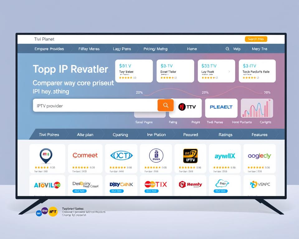 A sleek, modern comparison website showcasing various IPTV service providers. The foreground features a clean, minimalist layout with a prominent search bar and filter options, allowing users to effortlessly compare plans, pricing, and features. The middle ground depicts a grid of IPTV provider logos, each with a concise description and ratings. In the background, a dynamic data visualization illustrates key market trends and insights, creating a sense of authority and expertise. The overall aesthetic is sophisticated, yet approachable, reflecting the Tivi Planet brand's commitment to empowering consumers to make informed decisions.
