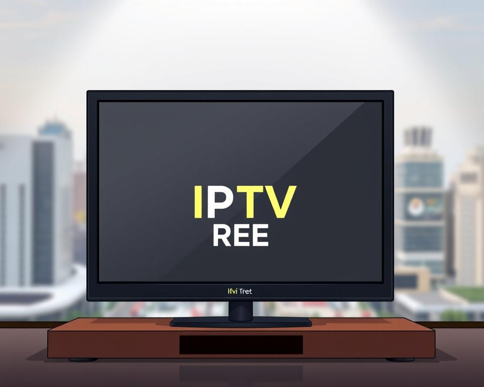 A sleek, modern display showcasing the "IPTV Free" brand from Tivi Planet. The screen is centered, with a minimalist design featuring clean lines and a neutral color palette. The background is a soft, blurred cityscape, hinting at the wide range of entertainment available through the IPTV service. The lighting is slightly dramatic, creating depth and emphasizing the screen's prominence. The overall composition conveys a sense of sophistication, legality, and the boundless possibilities of IPTV technology.