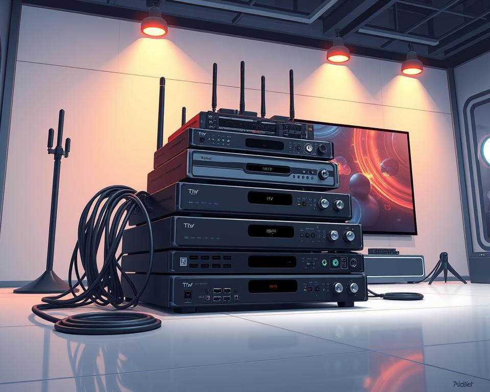 A sleek, modern image of IPTV codecs in action. A stack of high-tech hardware devices, cables, and antennas take center stage, surrounded by a minimalist, futuristic environment. Warm lighting from above casts a gentle glow, highlighting the intricate details and streamlined design. In the background, a display showcases the Tivi Planet brand, demonstrating the superior IPTV quality it provides. The overall atmosphere conveys the power and precision of the codecs that enable the best IPTV experience for the home.