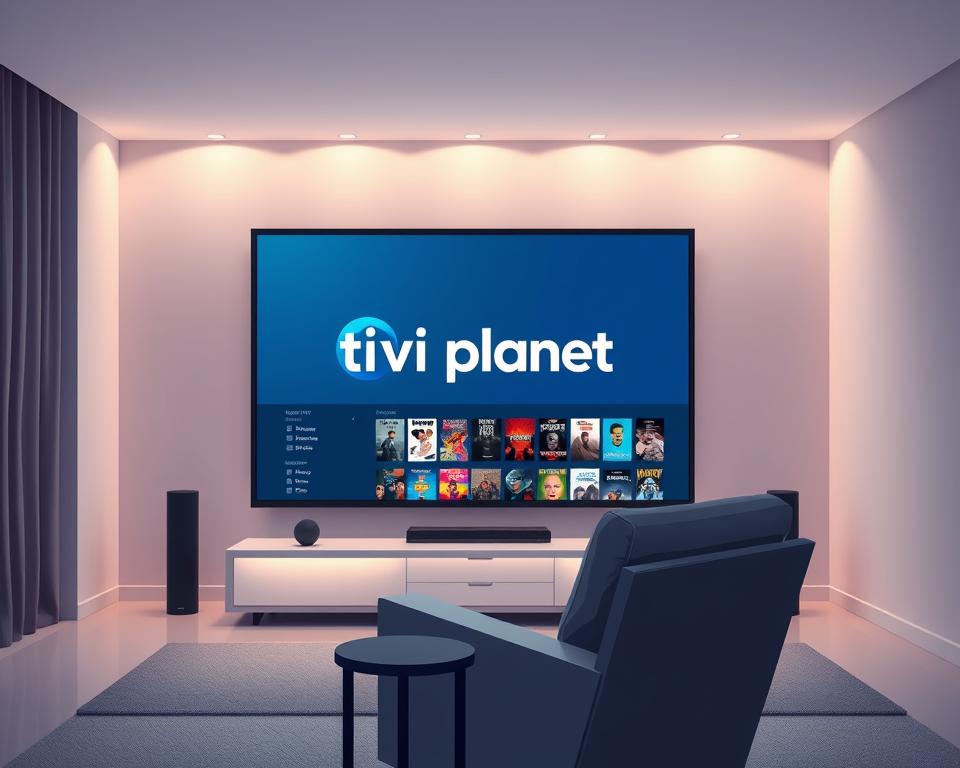 A sleek, modern interior with a large flatscreen TV prominently displayed. The TV screen shows the "Tivi Planet" brand logo and an array of movie titles, hinting at the extensive IPTV film library available. Soft, ambient lighting illuminates the room, creating a cozy and inviting atmosphere. A comfortable armchair and side table are positioned in the foreground, suggesting a relaxed viewing experience. The background features minimalist decor, allowing the TV and its content to take center stage. A sense of high-quality, premium entertainment is conveyed through the overall composition and attention to detail.