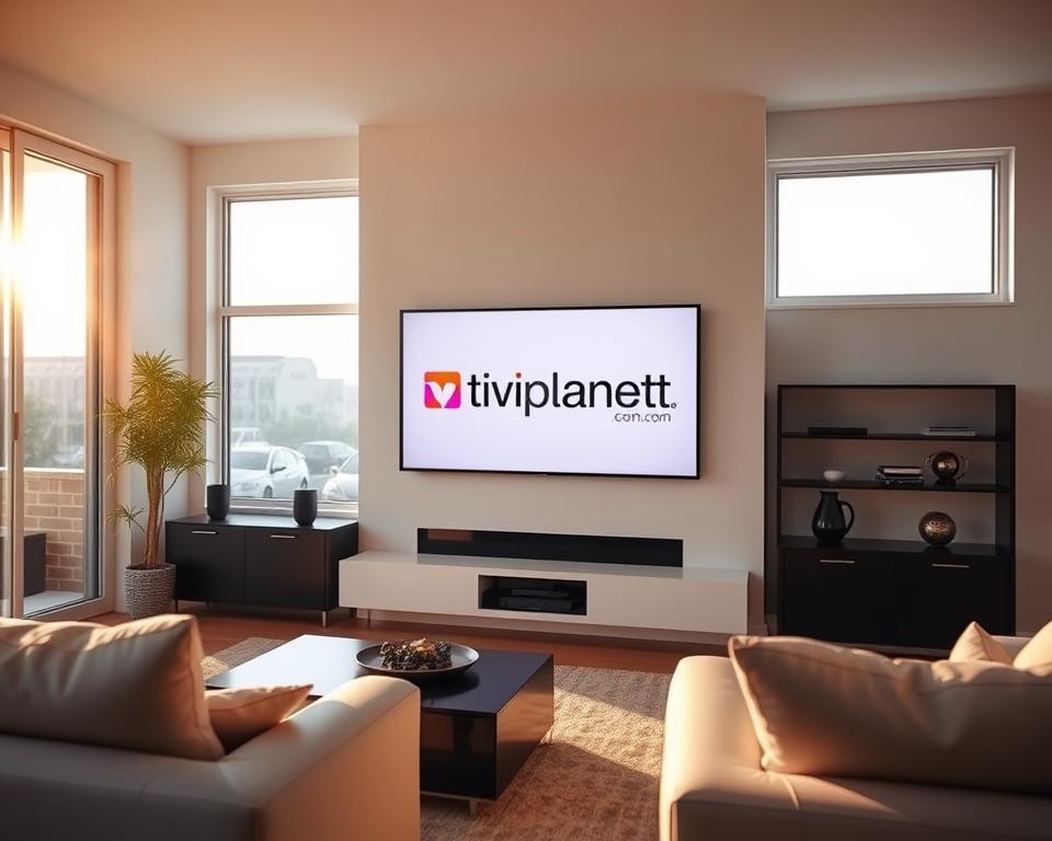 A sleek, modern living room in the United States, with a large flatscreen TV mounted on the wall. The room is bathed in warm, natural light filtering through large windows. On the TV screen, the "tiviplanet.com" logo is prominently displayed, indicating an IPTV service. The room has minimalist, contemporary furnishings, and the overall atmosphere conveys a sense of legal, professional, and legitimate entertainment consumption. The focus is on the TV and the IPTV service, highlighting the legal situation and costs associated with IPTV in the US.