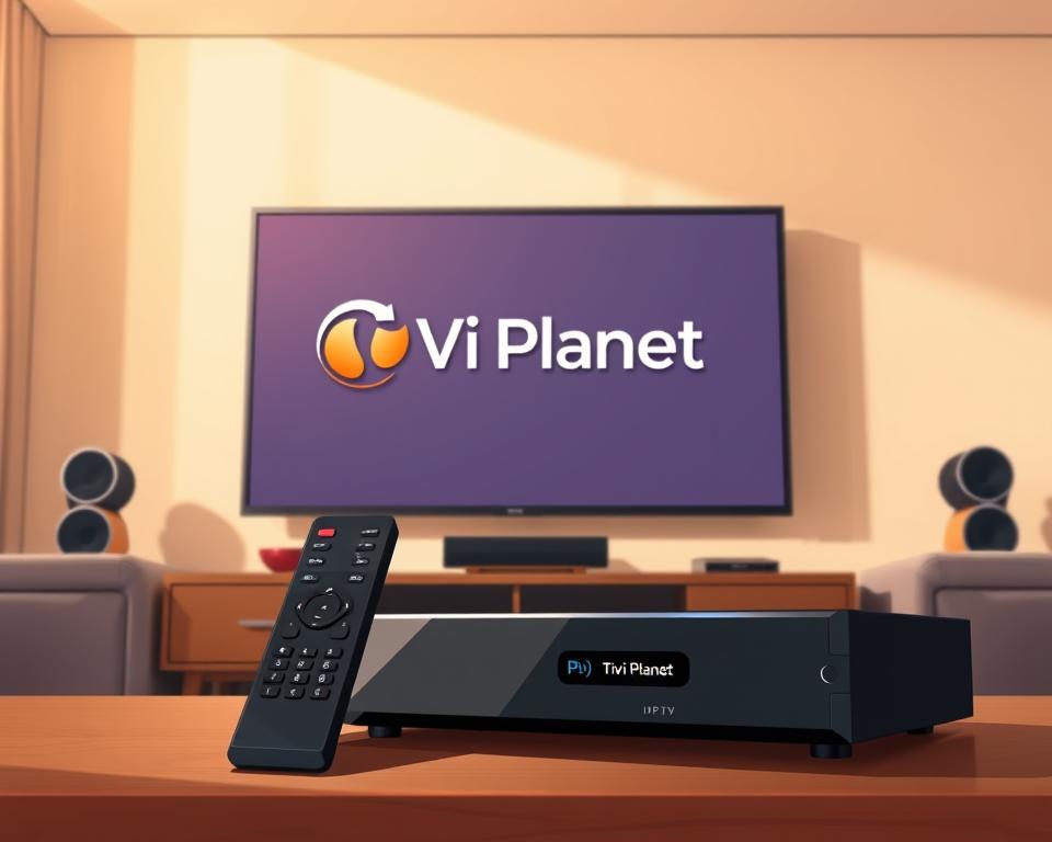 A sleek, modern living room setup with a large flat-screen TV mounted on the wall. The TV displays the Tivi Planet logo, showcasing its IPTV services. In the foreground, a high-end cable TV box and remote control are prominently placed, highlighting the comparison between IPTV and traditional cable TV. The room is bathed in warm, natural lighting, creating a cozy and inviting atmosphere. The overall scene conveys the idea of a comfortable, technologically-advanced home entertainment experience.