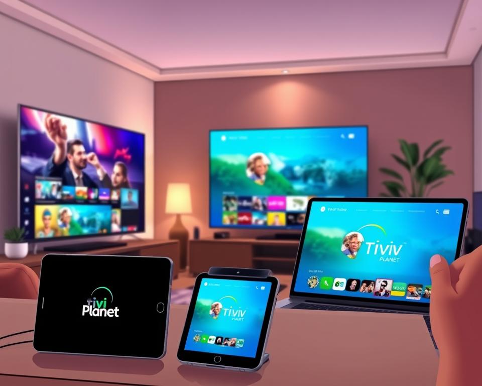 A sleek, modern living room showcases a variety of devices displaying the Tivi Planet IPTV service. In the foreground, a state-of-the-art smart TV displays vivid, high-definition content. To the side, a tablet and smartphone seamlessly stream the same IPTV programming, highlighting the cross-platform compatibility. The middle ground features a laptop and streaming box, emphasizing the versatility of Tivi Planet's IPTV solution. The background captures a cozy, well-lit atmosphere with subtle ambient lighting, creating a relaxed and immersive viewing experience. The overall scene conveys the ease and convenience of accessing IPTV content on multiple devices within a stylish, contemporary home setting.