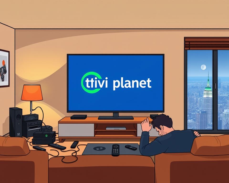 A sleek, modern living room with a large flat-screen TV displaying the Tivi Planet logo. The TV is surrounded by various streaming devices, remote controls, and tangled cables, symbolizing the common IPTV-related problems. The room has a warm, cozy lighting, creating a relaxed atmosphere. The foreground features a frustrated user trying to troubleshoot the setup, while the background showcases a panoramic view of a bustling city skyline, representing the broader context of the IPTV M3U experience. The scene conveys a sense of technological complexity and the need for a reliable, user-friendly IPTV solution.