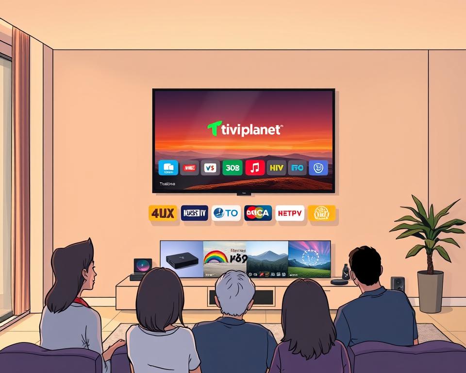 A sleek, modern living room with a large flatscreen TV mounted on the wall, showcasing the Tivi Planet brand. Soft, warm lighting illuminates the room, creating a cozy atmosphere. In the foreground, a group of people are gathered, enjoying the clear, high-quality IPTV picture and seamless channel switching. The middle ground features various streaming devices and an intuitive user interface, highlighting the convenience and flexibility of IPTV. The background showcases a scenic landscape, symbolizing the wide range of international channels available through IPTV. The overall scene conveys the Vorteile, or advantages, of IPTV in Germany, such as improved picture quality, expanded content selection, and user-friendly technology.
