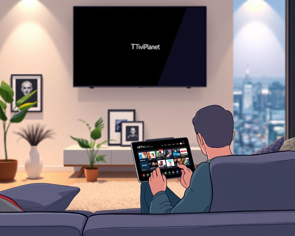A sleek, modern living room with a large flatscreen TV mounted on the wall. The room is bathed in soft, ambient lighting, creating a cozy and inviting atmosphere. In the foreground, a person is seated on a comfortable couch, using a tablet device to browse the "Tivi Planet" IPTV platform, showcasing the legal and convenient access to streaming content in Deutschland. The middle ground features carefully curated decor, including potted plants and minimalist artwork, reflecting the contemporary and sophisticated aesthetic. The background is blurred, but hints at a panoramic window overlooking a vibrant cityscape, symbolizing the progressive and connected nature of the IPTV experience in Germany.