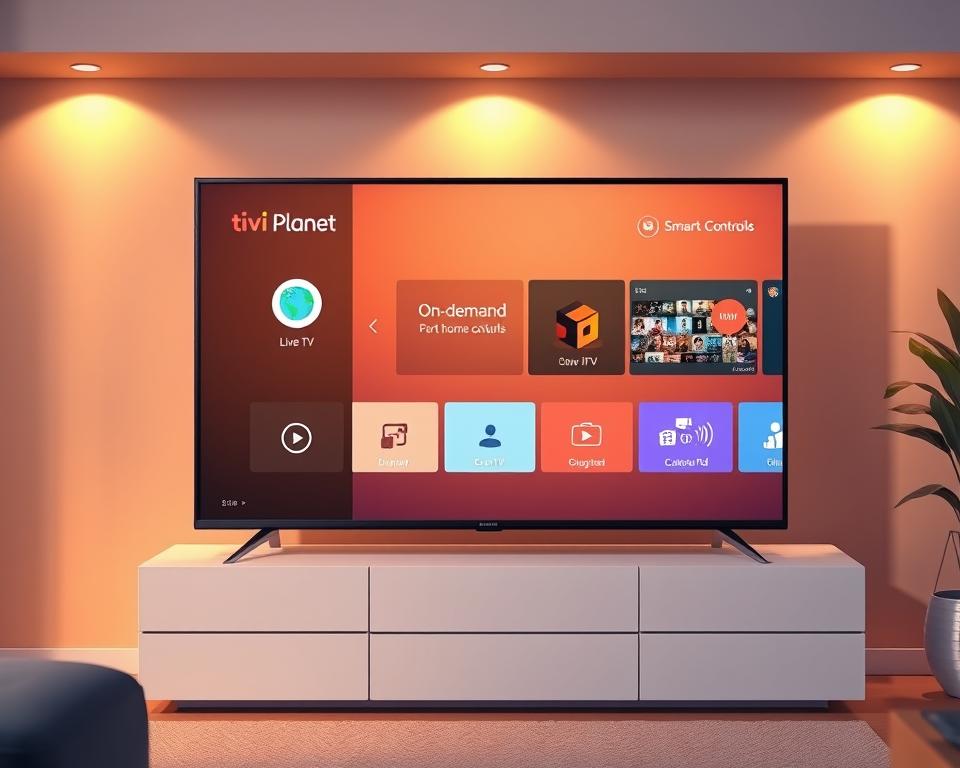 A smart TV displaying the Tivi Planet user interface, seamlessly integrating IPTV services. The screen shows a clean, modern design with intuitive menu options for live TV, on-demand content, and smart home controls. The TV is placed on a sleek, minimalist entertainment unit against a warm, softly-lit living room backdrop. Indirect lighting illuminates the scene, creating a cozy and inviting atmosphere. The camera angle captures the TV from a slightly elevated perspective, highlighting the integration of IPTV technology into the smart home ecosystem.