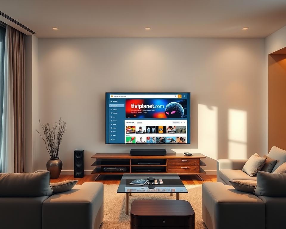 A sophisticated modern living room with sleek minimalist furniture, featuring a large flatscreen TV on a polished wooden entertainment center. The room is bathed in warm, indirect lighting, creating a cozy and inviting atmosphere. On the TV screen, the website "tiviplanet.com" is prominently displayed, showcasing a diverse selection of legal IPTV alternatives. The overall scene conveys a sense of comfort, technology, and the ability to enjoy television entertainment through legitimate, subscription-based services.