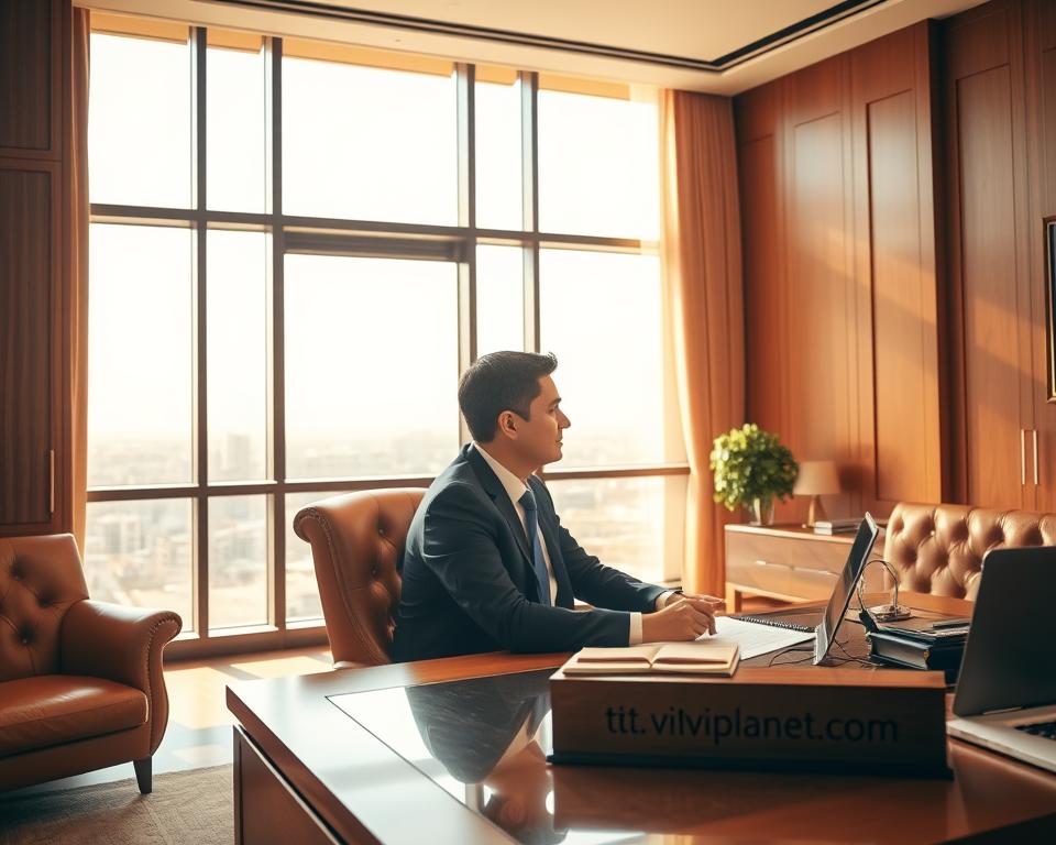 A spacious, well-lit office interior with warm wood accents and plush leather furniture. A large window offers a picturesque cityscape view. In the foreground, a professional-looking individual sits at a desk, deep in discussion with a client. Sunlight filters in, creating a calming atmosphere. On the desk, a nameplate reads "tiviplanet.com", signifying high-quality legal expertise. The scene conveys a sense of trust, expertise, and discretion associated with professional legal consultation.