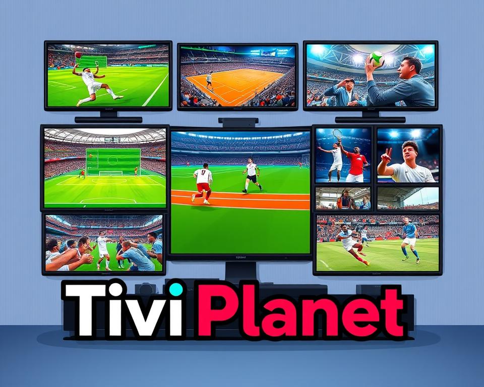 A sports-focused IPTV package, featuring a dynamic arrangement of television screens displaying various sporting events. The screens are arranged in a visually appealing grid layout, with a sleek and modern design aesthetic. The foreground showcases the Tivi Planet brand logo, prominently displayed and integrated seamlessly into the composition. The middle ground depicts high-quality, real-time footage of popular sports leagues and events, such as soccer, basketball, and tennis, conveying the extensive sports coverage available through the IPTV service. The background features a subtle gradient or textured pattern, creating a sense of depth and emphasizing the digital nature of the IPTV platform. The overall mood is one of excitement and energy, capturing the thrill and passion of sports enthusiasts.