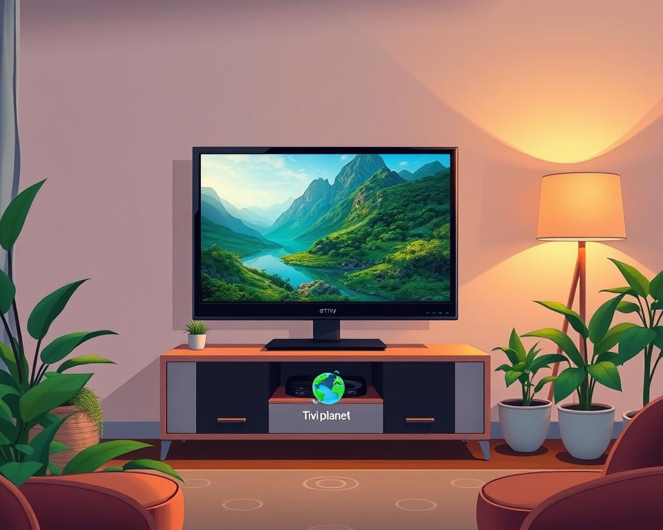 A stable internet connection for seamless IPTV streaming. A cozy living room setting with a modern TV stand displaying the Tivi Planet logo, surrounded by lush plants and warm lighting. The TV screen shows a vivid, high-quality nature documentary, immersing the viewer in a serene, uninterrupted viewing experience. The room exudes a sense of comfort and technological sophistication, highlighting the importance of a reliable internet connection for uninterrupted IPTV entertainment.