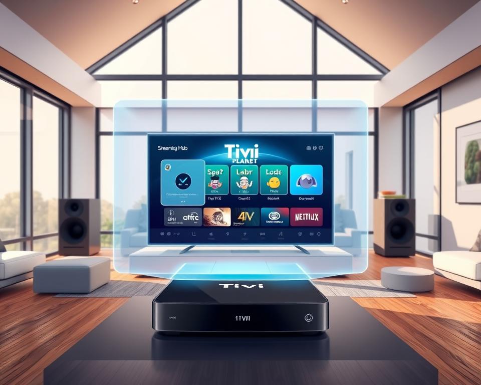 A state-of-the-art streaming hub with a sleek, minimalist design, showcasing the Tivi Planet brand. The foreground features a floating holographic display of a streaming interface, with clean typography and intuitive controls. The middle ground depicts a sophisticated entertainment system with a high-end, 4K-enabled media player. The background showcases a modern, tech-savvy living room with floor-to-ceiling windows, flooding the scene with natural light and a sense of openness. The overall atmosphere conveys a seamless, futuristic experience of IPTV M3U streaming, capturing the essence of "Wie funktioniert IPTV M3U?".