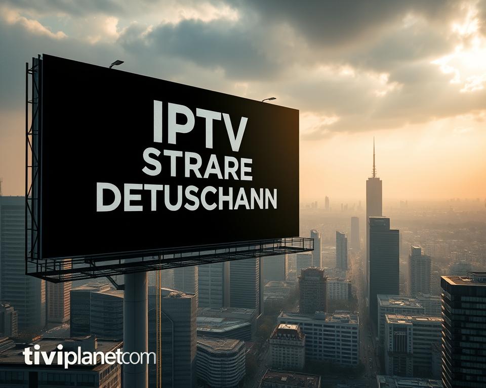 A striking aerial view of a modern German cityscape, with sleek high-rise buildings and bustling city streets. In the foreground, a large, ominous billboard looms, displaying the text "IPTV Strafe Deutschland" in bold, ominous lettering. The billboard is backlit by a dramatic, moody sky, casting an eerie glow over the scene. In the background, the city is shrouded in a subtle haze, creating a sense of tension and unease. The overall composition is cinematic and stylized, with a focus on the imposing billboard and its foreboding message. Subtle branding for "tiviplanet.com" is visible in the lower corner of the image.