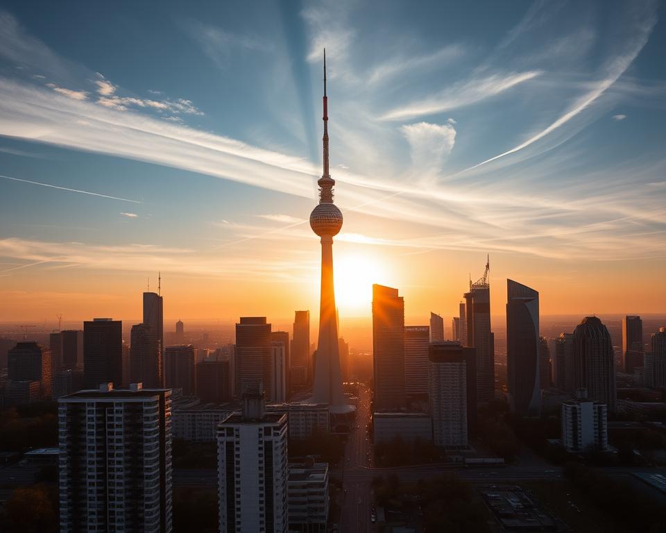 A striking aerial view of a modern city skyline at dusk, with a focus on the iconic broadcast tower of "tiviplanet.com" rising prominently in the center. The scene is bathed in a warm, golden glow from the setting sun, casting long shadows across the cityscape. In the foreground, a group of residential apartment buildings and office towers create a sense of depth and scale. In the background, a hazy blue sky dotted with wispy clouds completes the atmospheric setting. The overall composition conveys a sense of technological progress and innovation, hinting at the digital landscape of IPTV services within Germany.