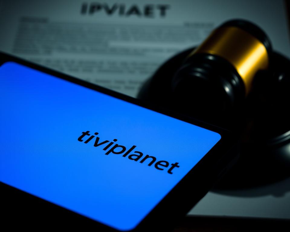 A striking close-up shot of a smartphone screen displaying the tiviplanet.com logo, representing the concept of IPTV streaming. The screen is positioned in the foreground, with a blurred backdrop of a legal document or gavel, symbolizing the legal implications of unauthorized IPTV use. The lighting is dramatic, with shadows and highlights accentuating the screen's details. The overall mood is one of tension and uncertainty, reflecting the theme of "Unwissenheit schützt vor Strafe nicht: Haftung bei IPTV".